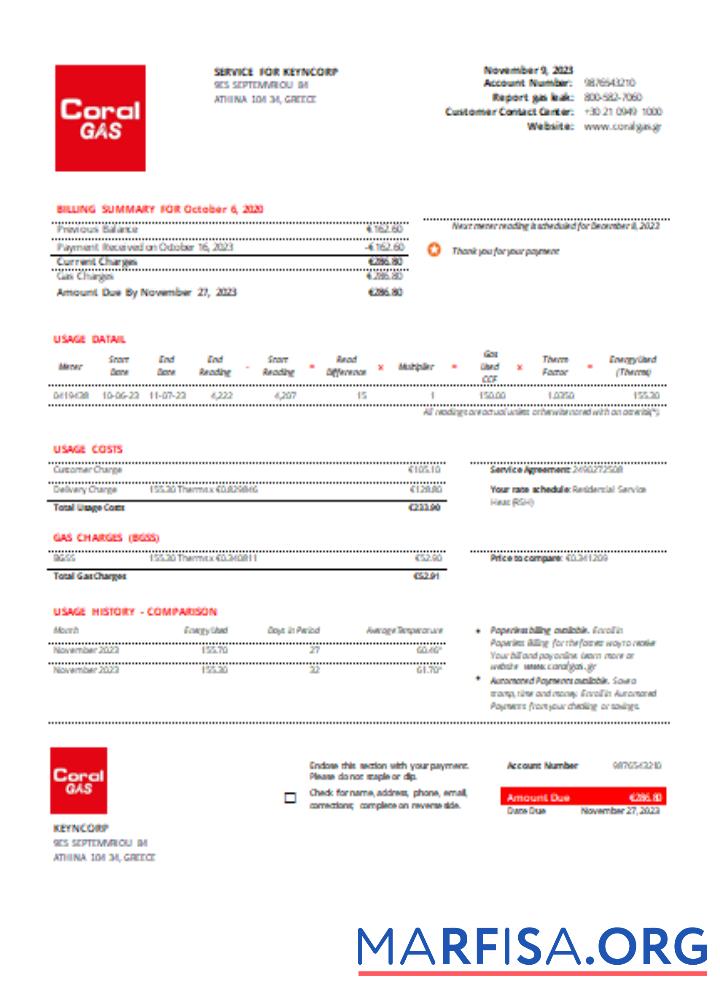 Printable Coral Gas utility business bill SCR template